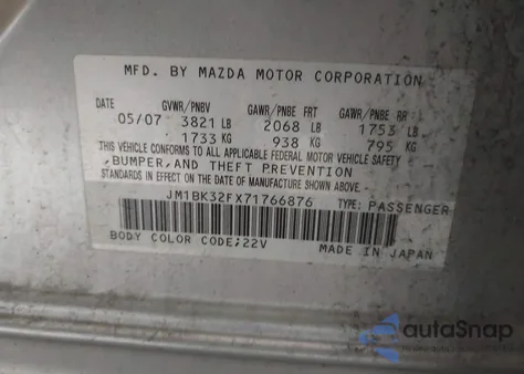 2007 Mazda Mazda3 I z USA, uszkodzony, nr VIN JM1BK32FX71766876